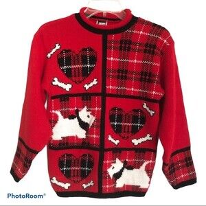 Vintage Sweater Womens Medium Red Black White Scottie Dog Patchwork Holiday